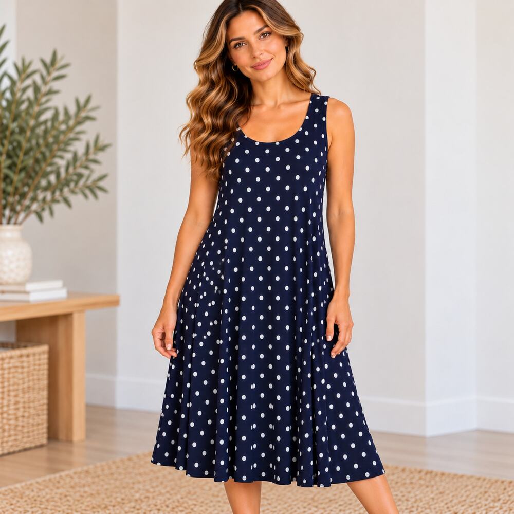 Susan Graver Liquid Knit Sleeveless Dress Women's Size 1X Navy Polka-dot Office